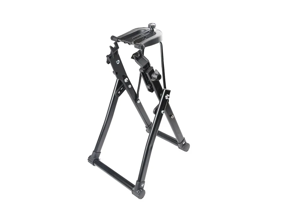 Black foldable bicycle repair stand in upright position