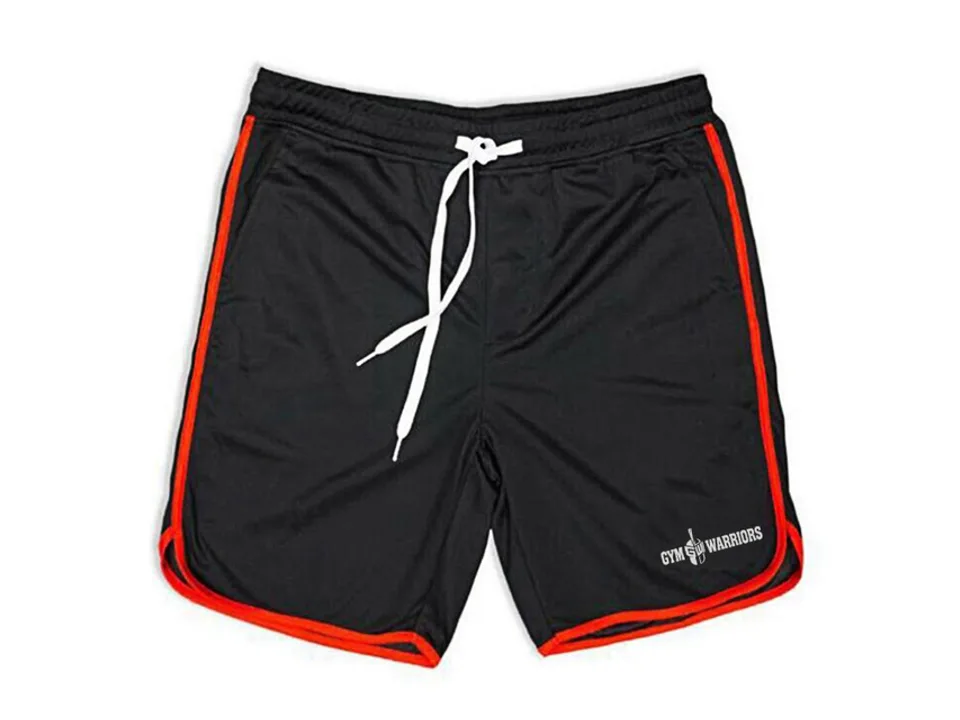 Black gym shorts with red trim and white drawstring.