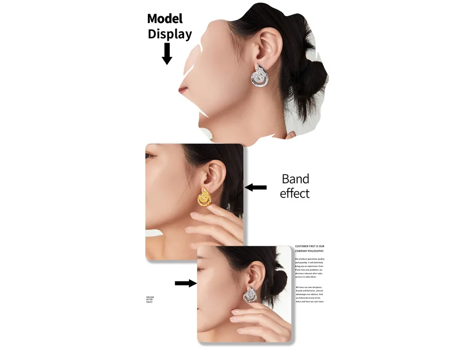 Model wearing spiral stud earrings