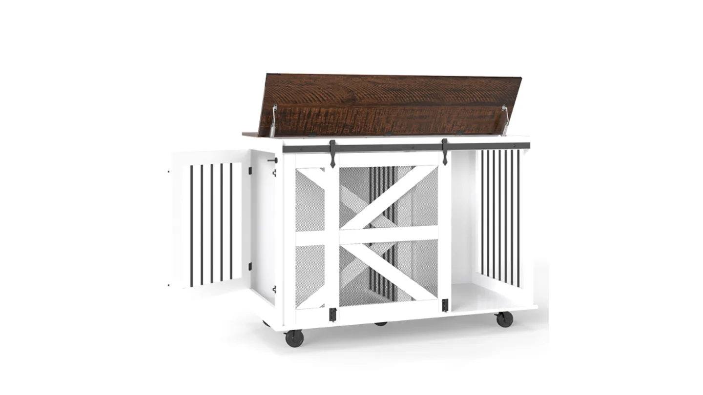 White dog crate furniture with a dark wood top, sliding barn door, and wheels, shown with top and side door open.