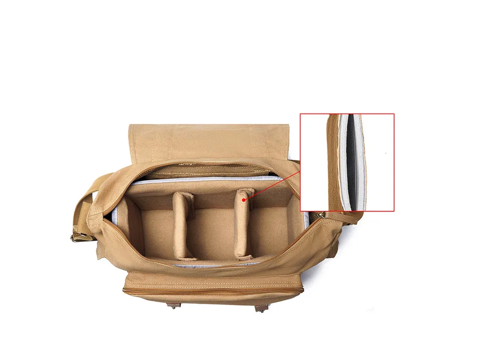 Top-down view of the open camera bag showing padded interior dividers.