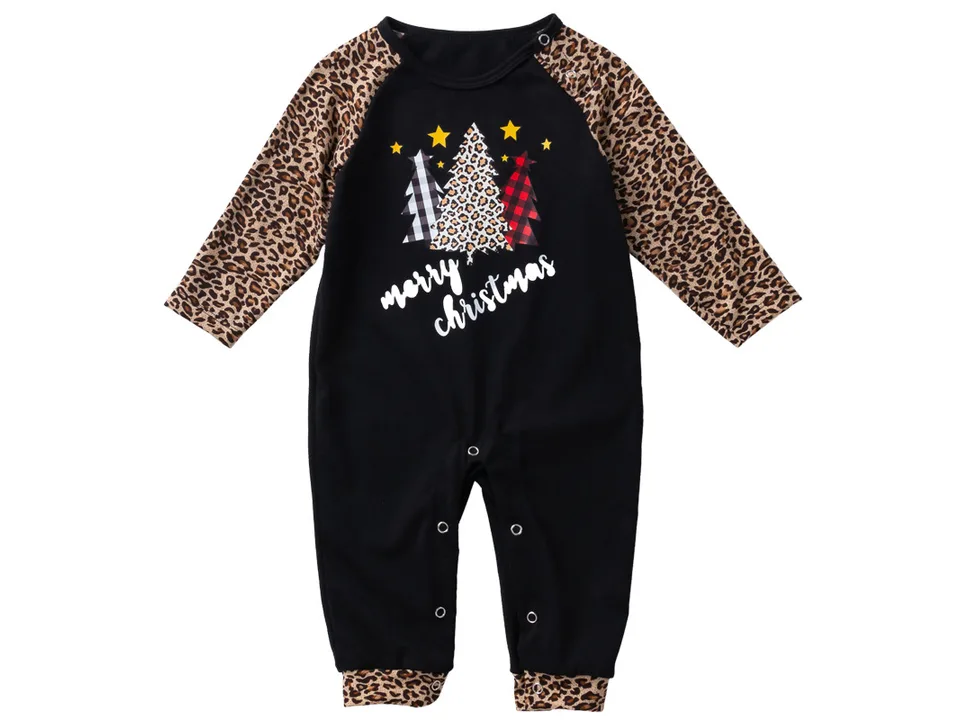 Children's Christmas jumpsuit with leopard print sleeves on a white background.