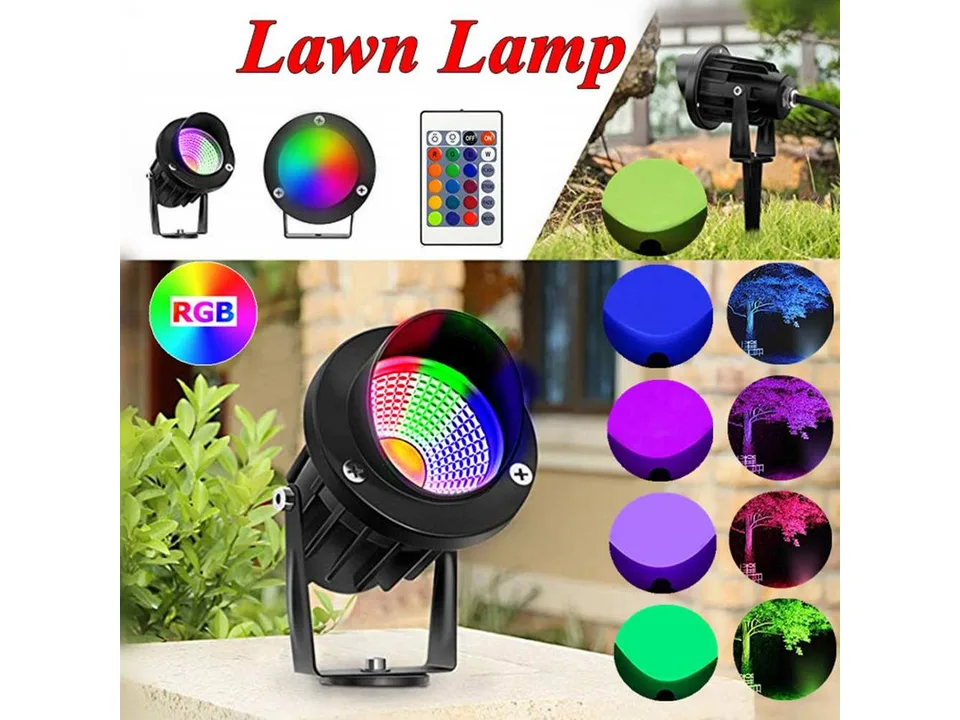 RGB LED lawn lamp illuminating a tree in various colors with a remote control.