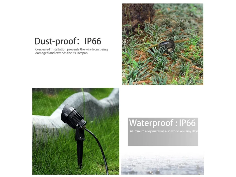 IP66 waterproof LED lawn lamp installed in a garden during rain.