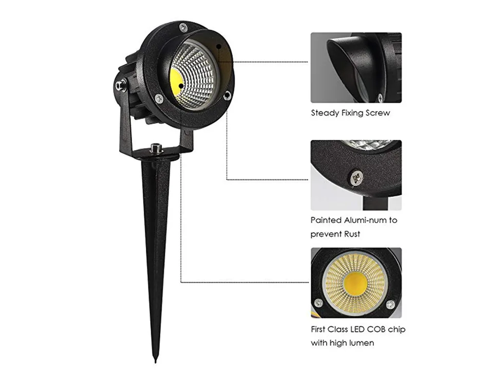 Close-up of the LED lawn lamp showing the screw, aluminum casing, and COB chip.