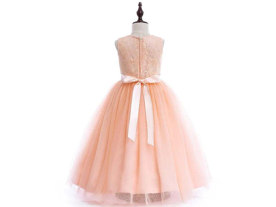 Back view of a peach-colored lace A-line dress on a mannequin with a bow at the waist.