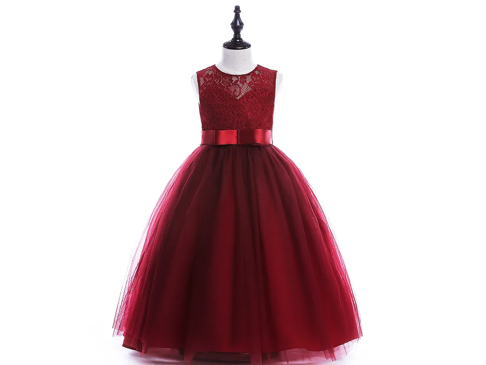 Front view of a burgundy-colored lace A-line dress on a mannequin.