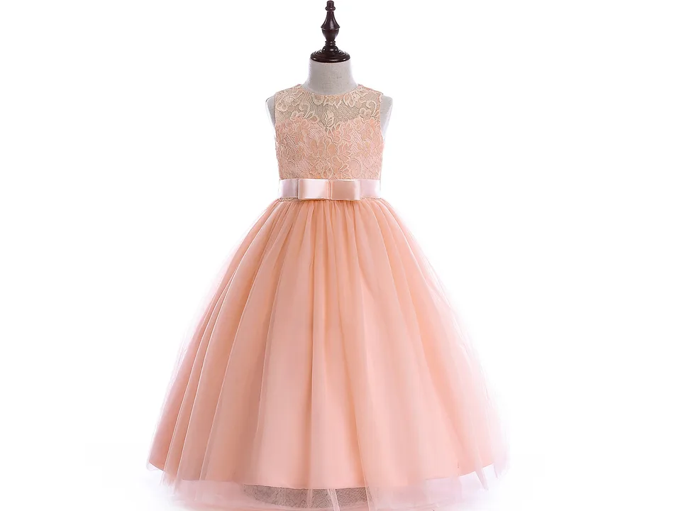 Front view of a peach-colored lace A-line dress on a mannequin.