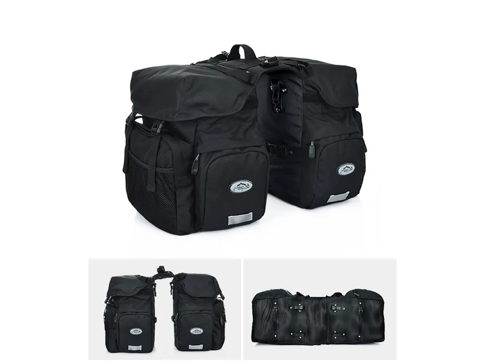 Black bicycle pannier bag shown from the side, front, and bottom.