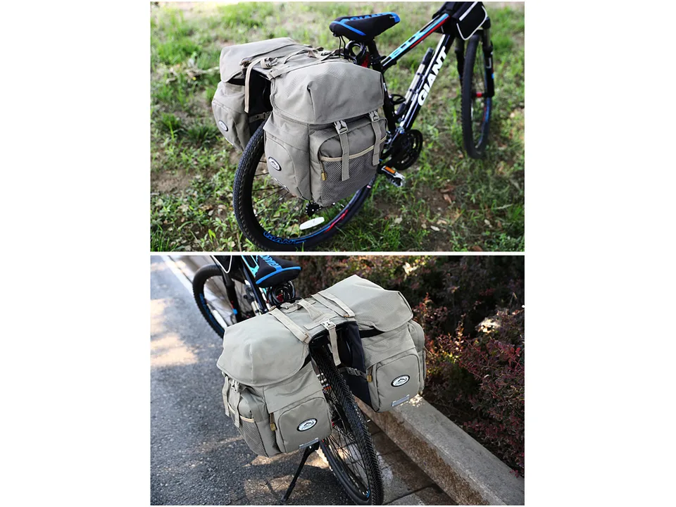Khaki bicycle pannier bag mounted on the rear rack of a mountain bike.