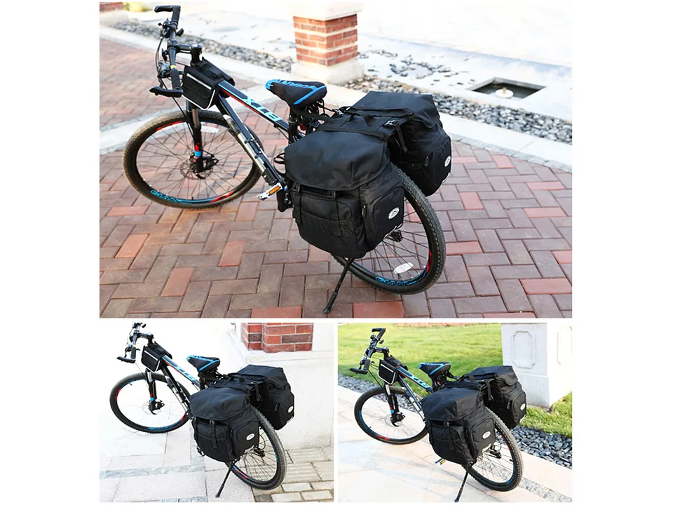 Black bicycle pannier bag mounted on the rear rack of a mountain bike.