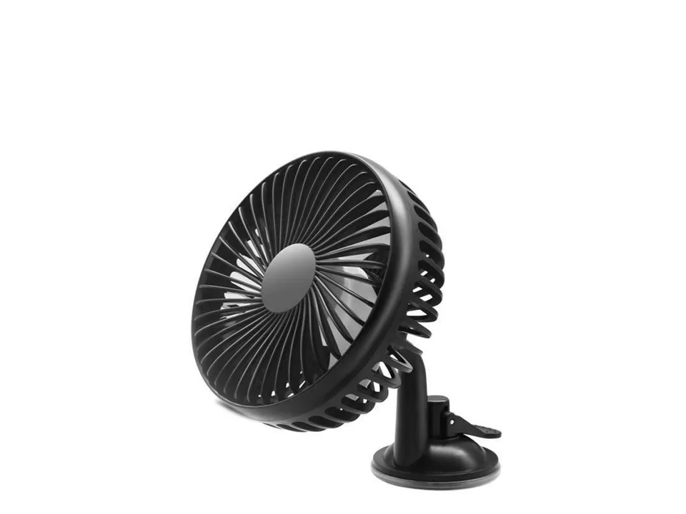 Black portable car fan with a mounting clip on a white background.