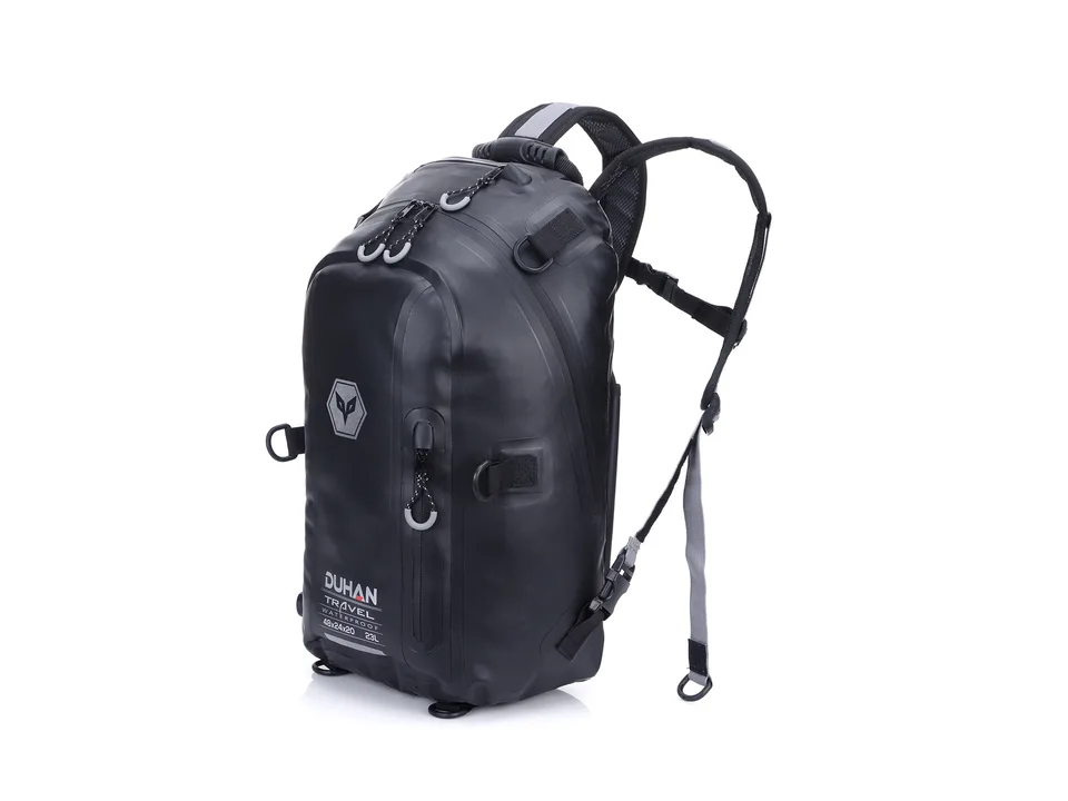 Side view of the black waterproof motorcycle backpack.