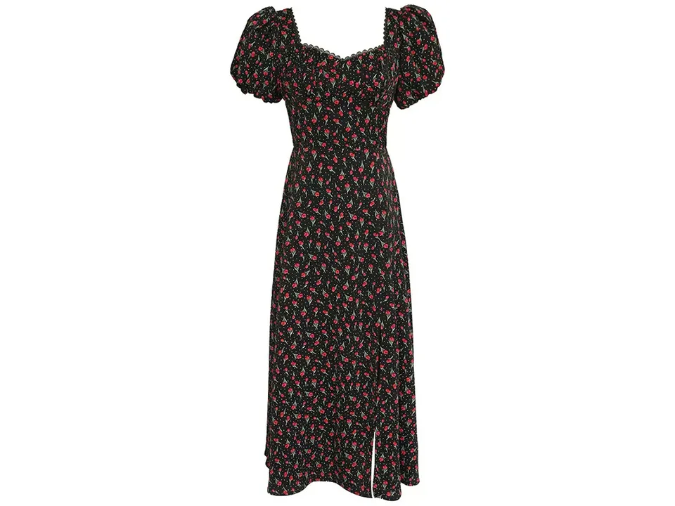Full-length view of a floral midi dress with a square neck and short sleeves.