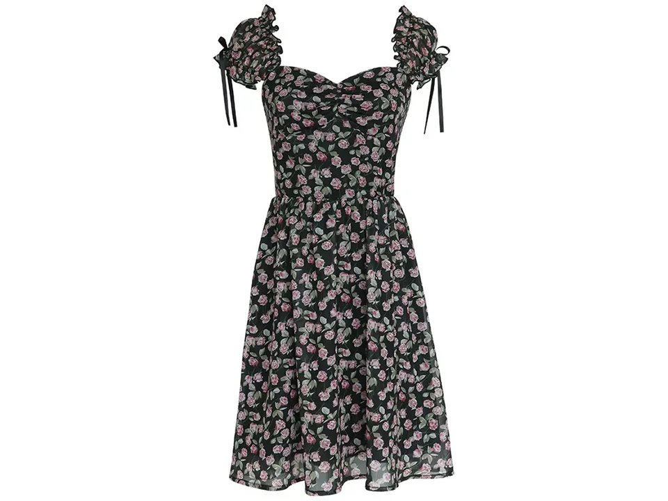 Front view of the floral square neck chiffon dress.