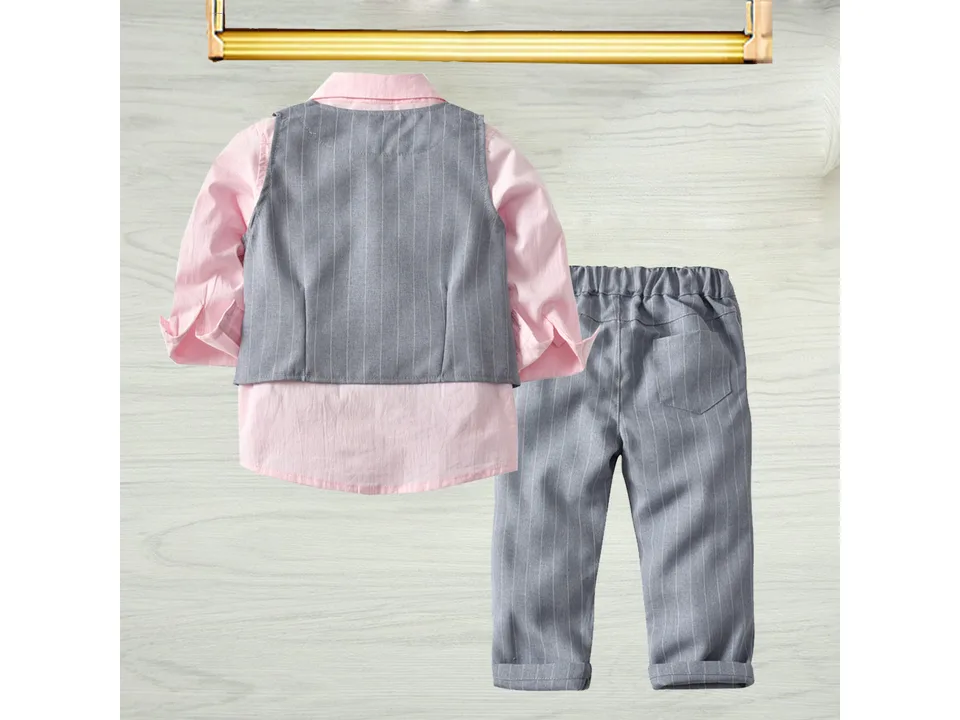 The back view of the boys formal suit set, showing the vest and trousers.