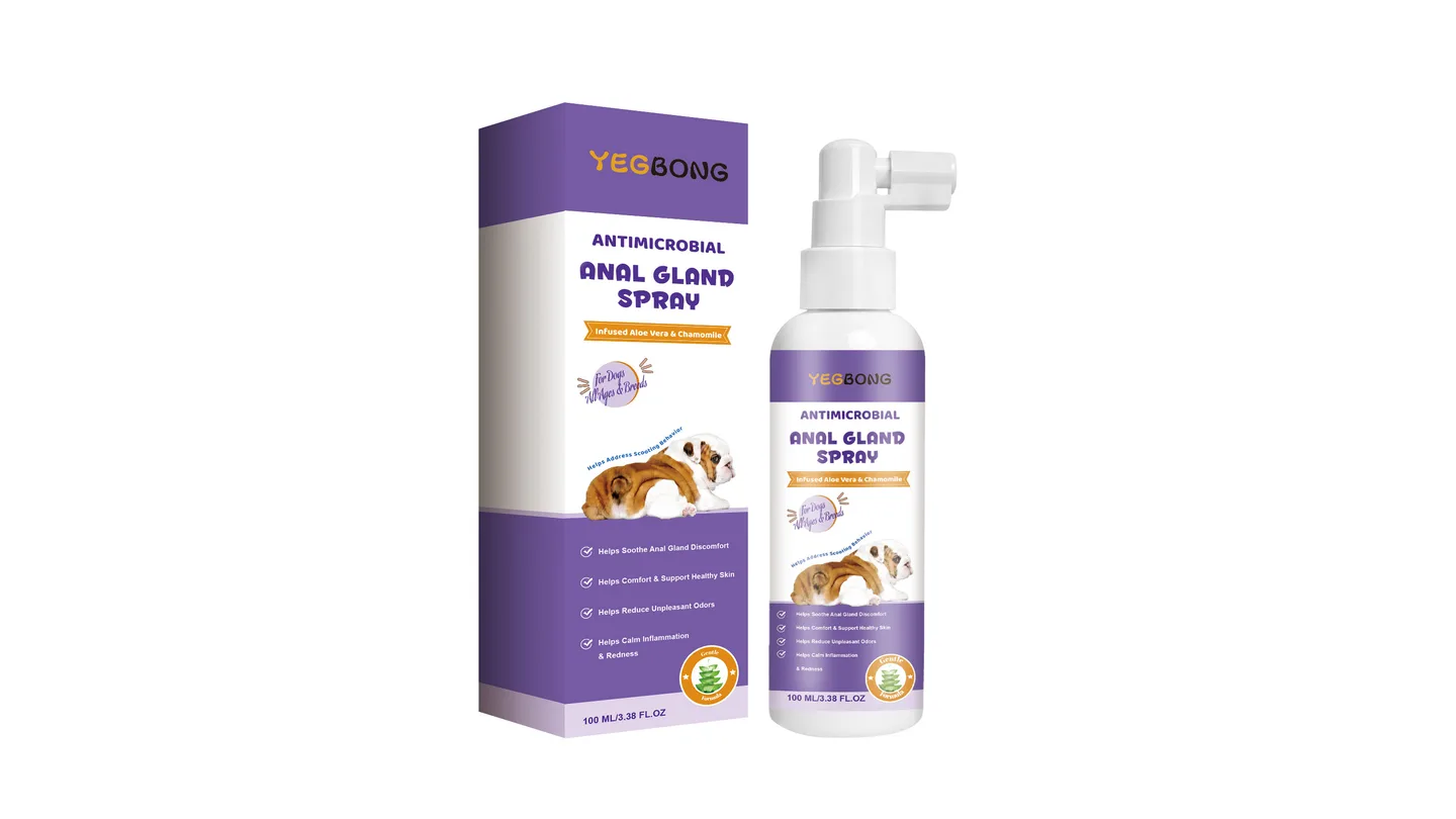 Yegbong antimicrobial anal gland spray bottle and packaging box.
