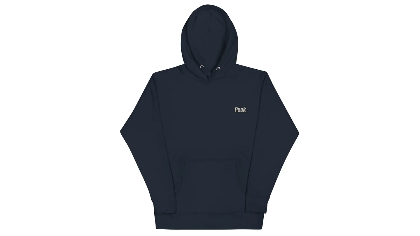 Navy blue unisex pullover hoodie with 'Peek' text on the chest.