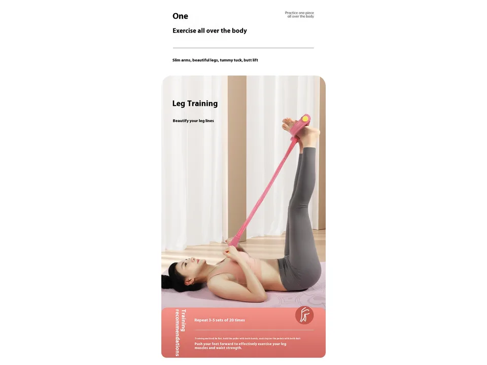 A woman lying on a yoga mat using the pedal resistance band for leg exercises.