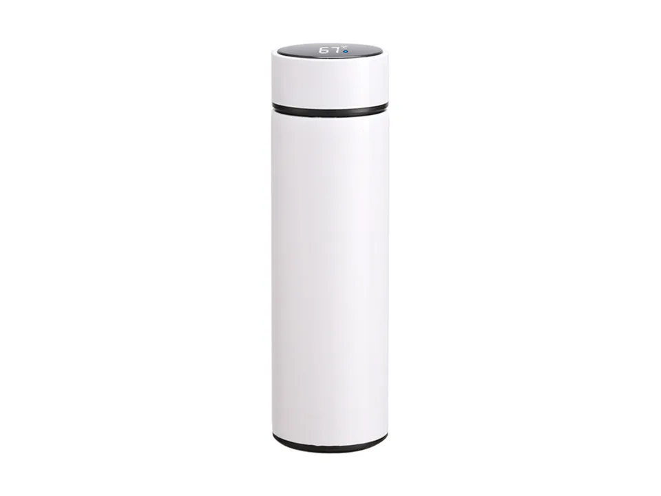 White digital temperature display water bottle.