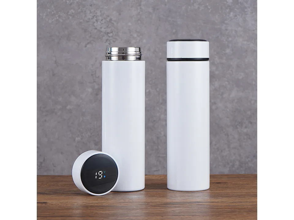 White stainless steel water bottle with temperature display cap.