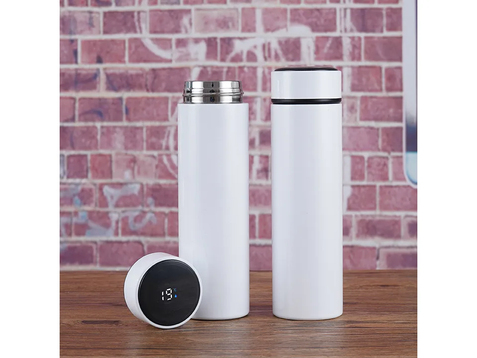 White vacuum insulated water bottle with digital temperature display cap.