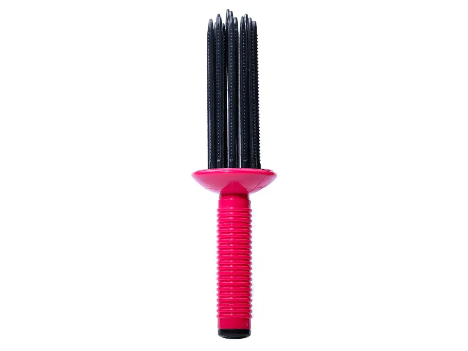 Front view of the hair styling brush with a pink handle and black bristles.