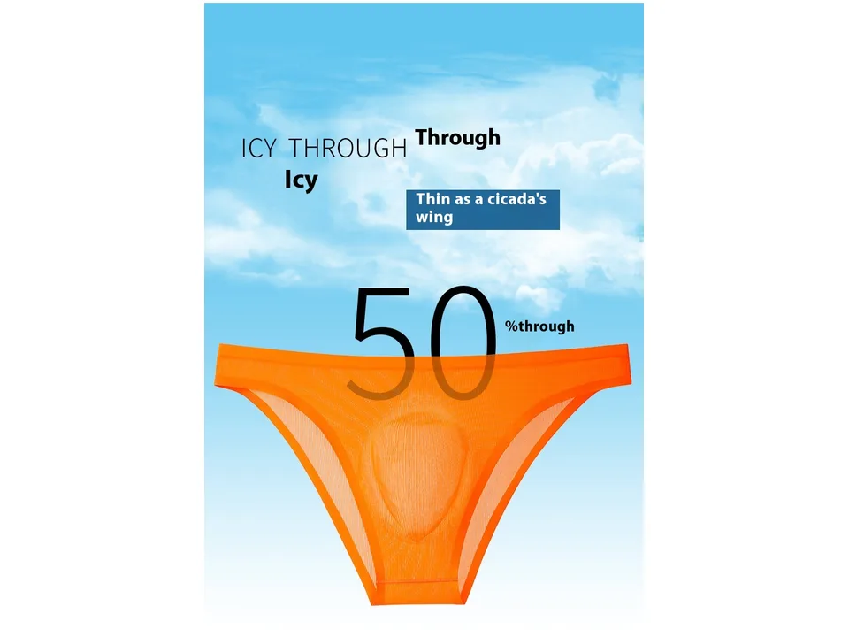 Orange men's underwear against a blue sky background, emphasizing thin material.