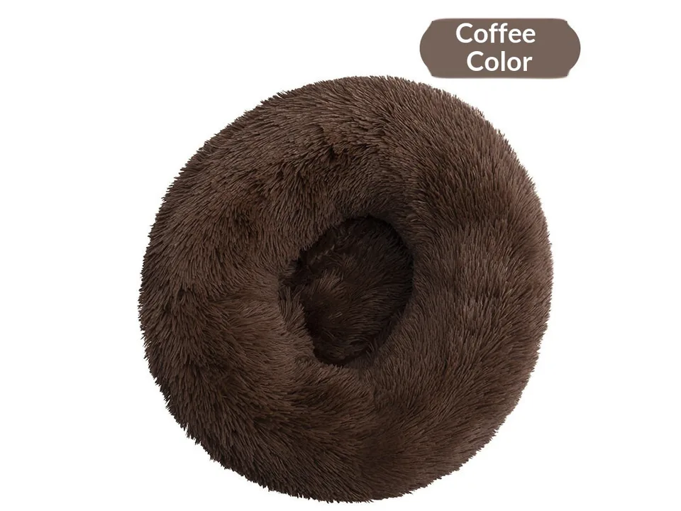 Round plush pet bed in coffee color