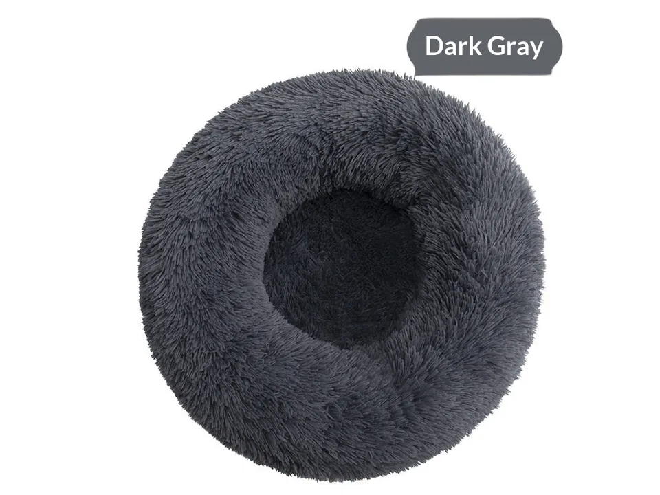 Round plush pet bed in dark gray