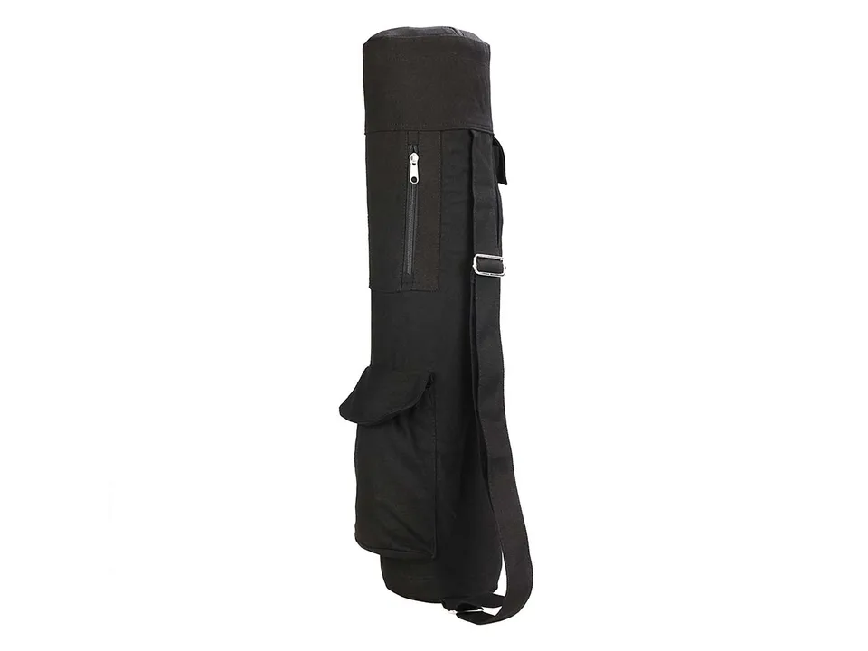 Side view of the black yoga mat bag with adjustable shoulder strap.