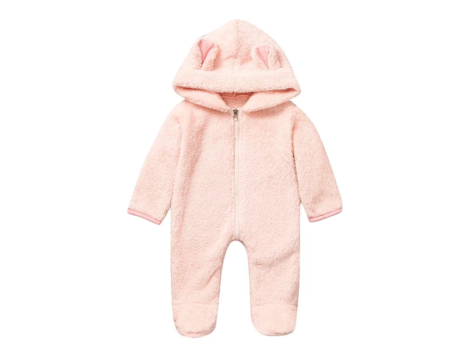 Light pink baby jumpsuit with bear ears on the hood.