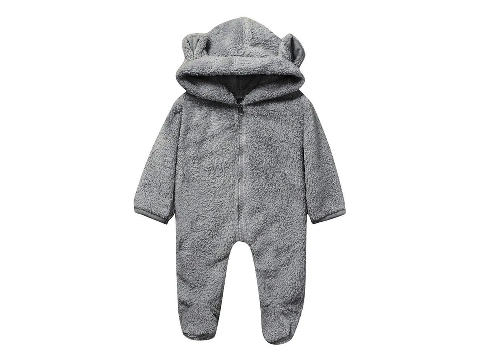 Grey baby jumpsuit with bear ears on the hood.