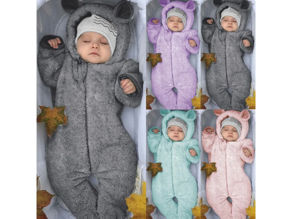 Collage showing babies wearing the hooded jumpsuit in different colors.