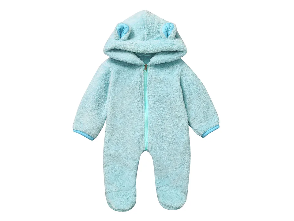Light blue baby jumpsuit with bear ears on the hood.