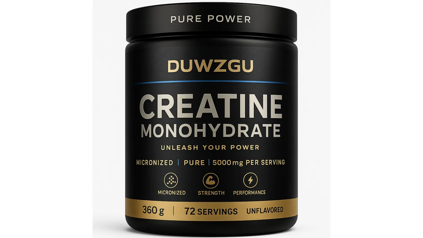 A black tub of Duwzgu Creatine Monohydrate supplement, 360g, 72 servings, unflavored.