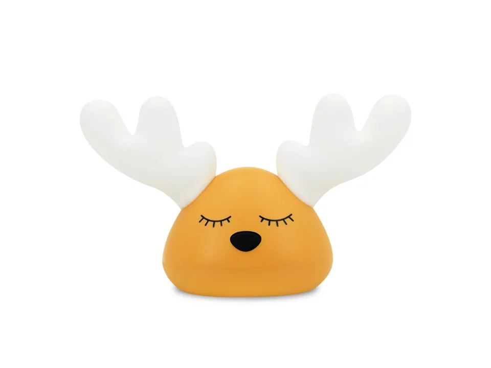 A cute deer-shaped night light with white antlers and a yellow face.