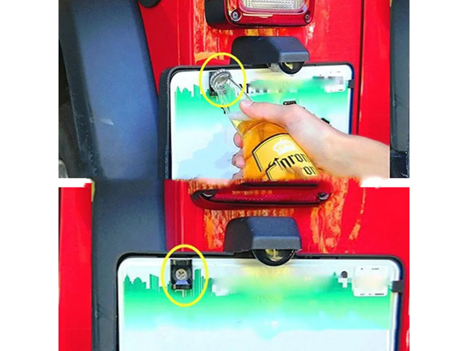 The bottle opener installed on a car license plate, highlighted with a yellow circle.