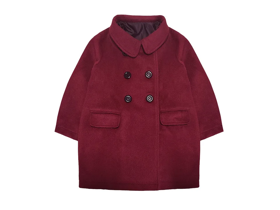 A wine red double-breasted coat for girls on a white background.