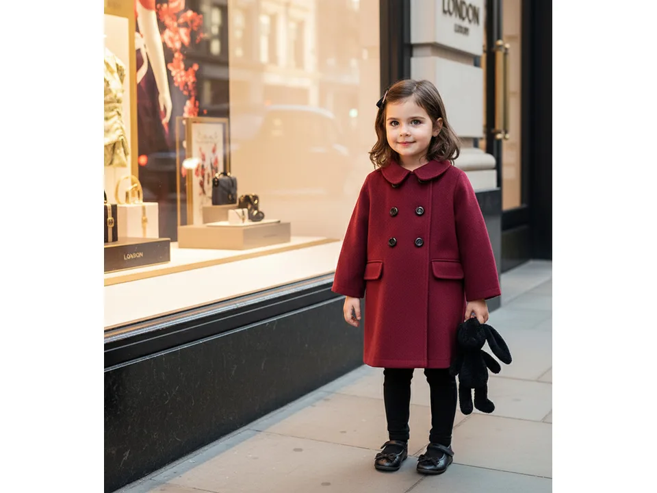A young girl wearing a wine red double-breasted coat standing on a sidewalk.