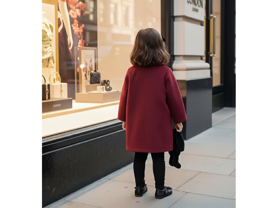 A young girl wearing a wine red double-breasted coat, seen from the back.