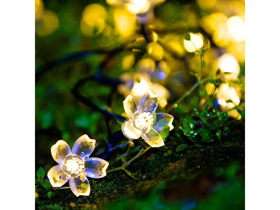 Close-up of glowing sakura flower lights on a mossy surface