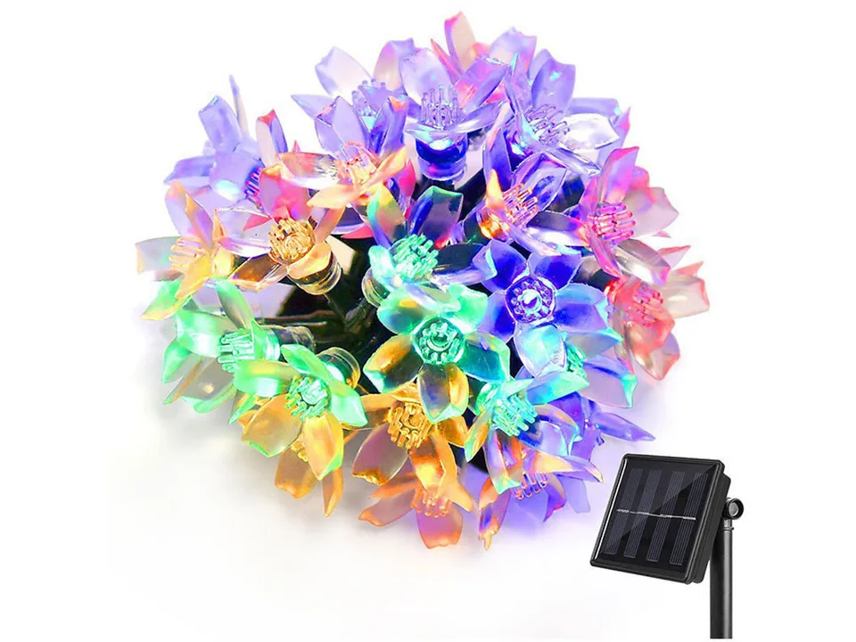 A bundle of colorful solar sakura flower string lights with the solar panel unit