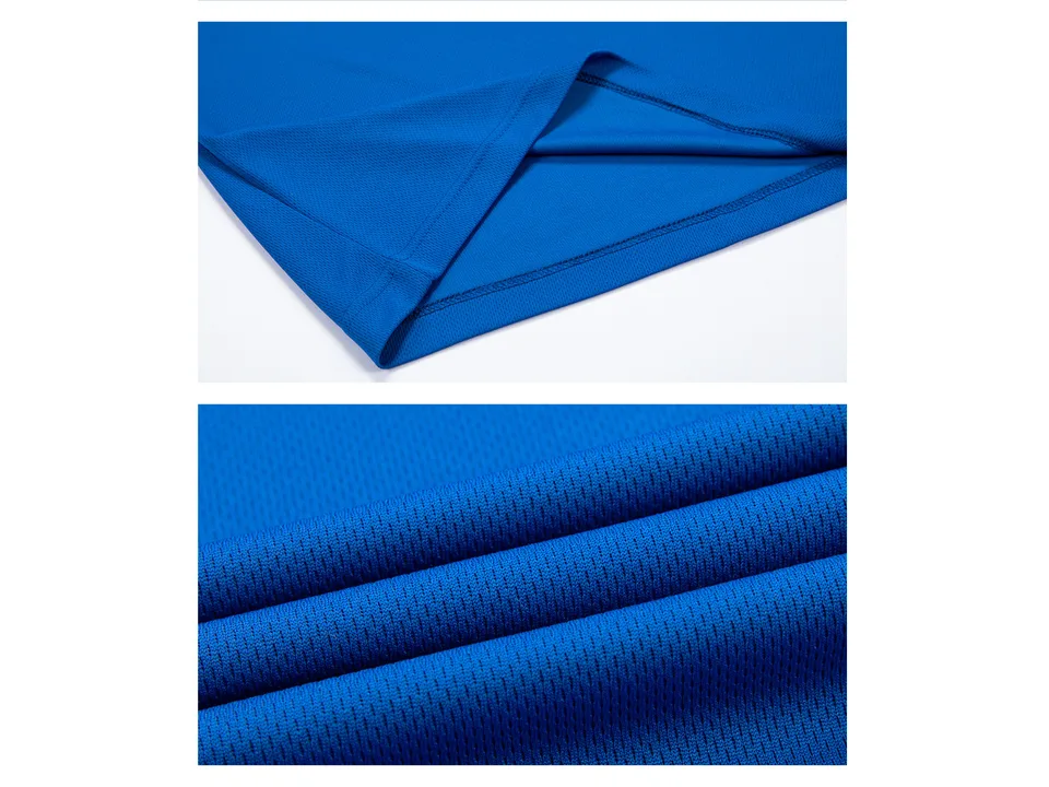 Close-up view of the blue fabric texture and hem stitching.