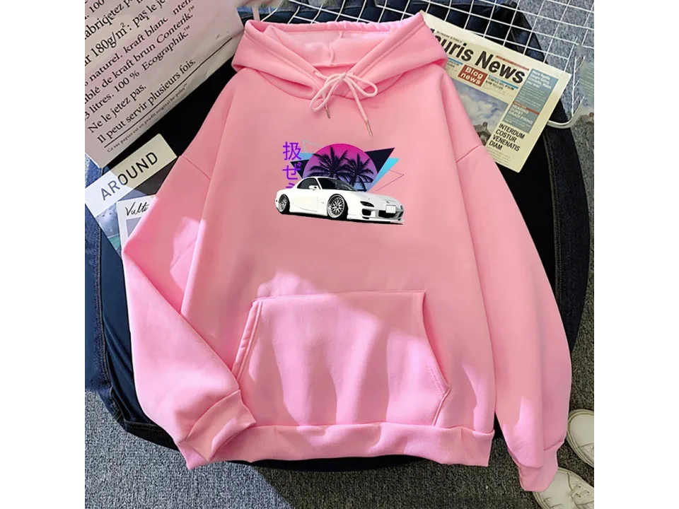 Pink pullover hoodie with a retro car graphic on the front.