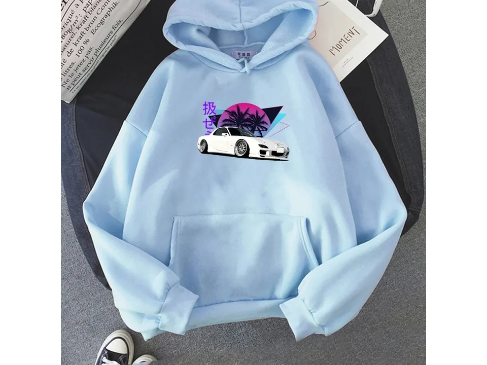 Light blue pullover hoodie with a retro car graphic on the front.