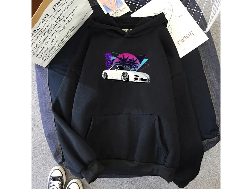 Black pullover hoodie with a retro car graphic on the front.