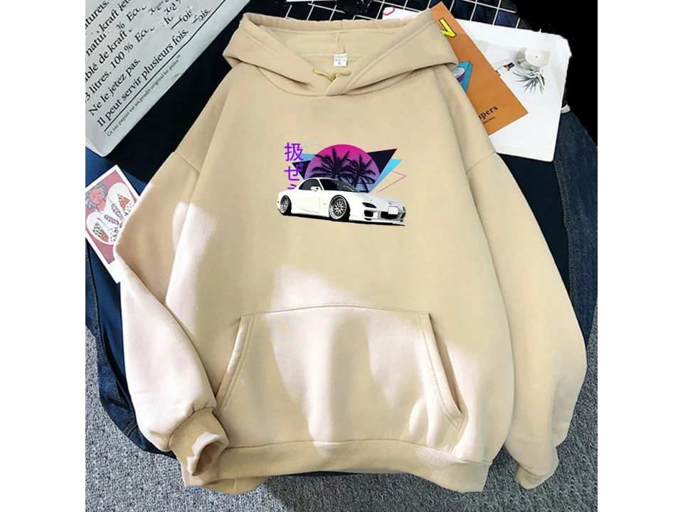 Beige pullover hoodie with a retro car graphic on the front.