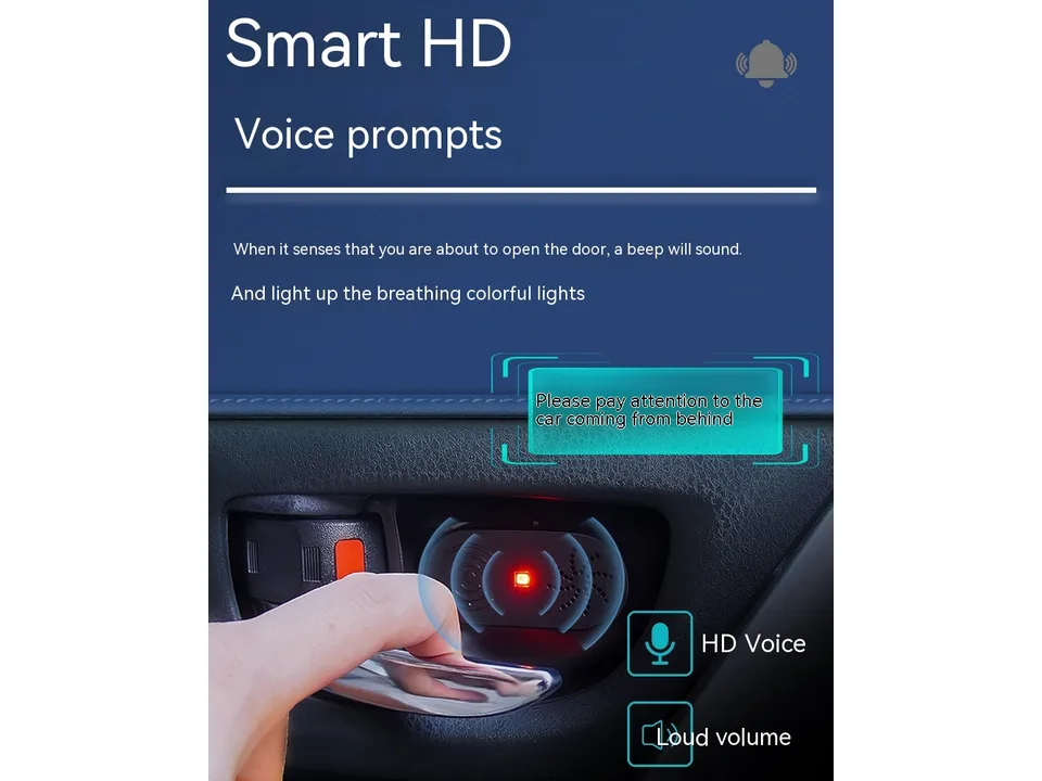 Car door safety sensor installed in a car door handle, glowing red with a warning message.