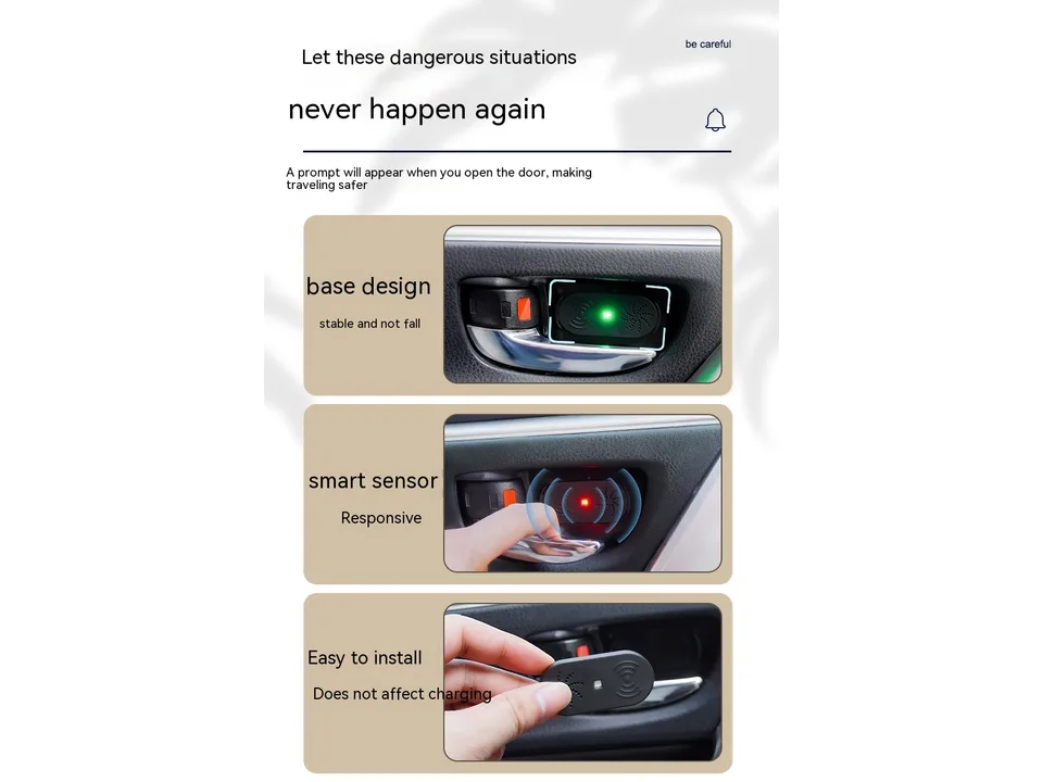 Three panels showing the car door sensor installed, sensing a hand, and being held.